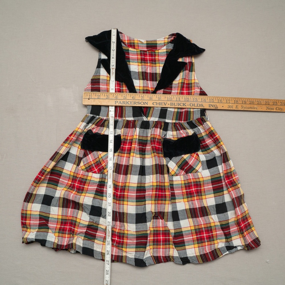 Vintage 40s 50s Tartan Plaid Velvet Collar Dress Youth Size 7 Two Pocket